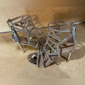 Aldo: silver zipper up thin heels with rhinestones cage design ankle heels size9